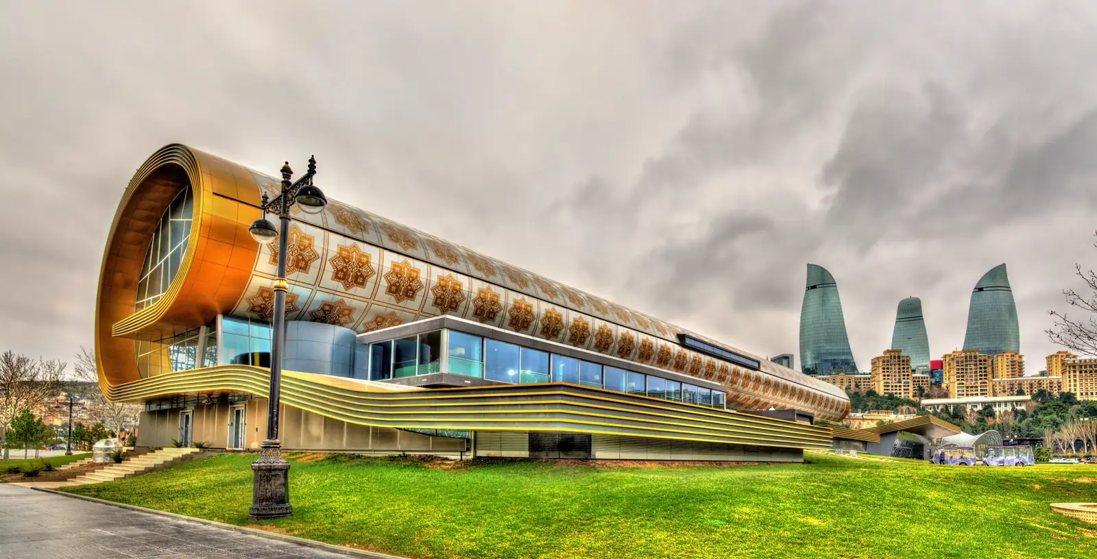 Azerbaijan Carpet Museum with Flame Towers in Baku