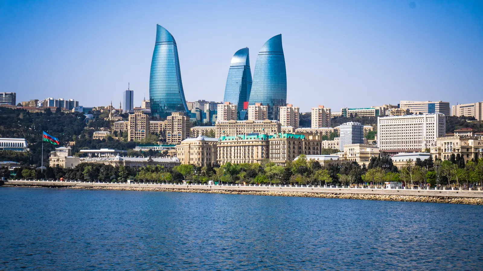 Baku waterfront skyline and Flame Towers