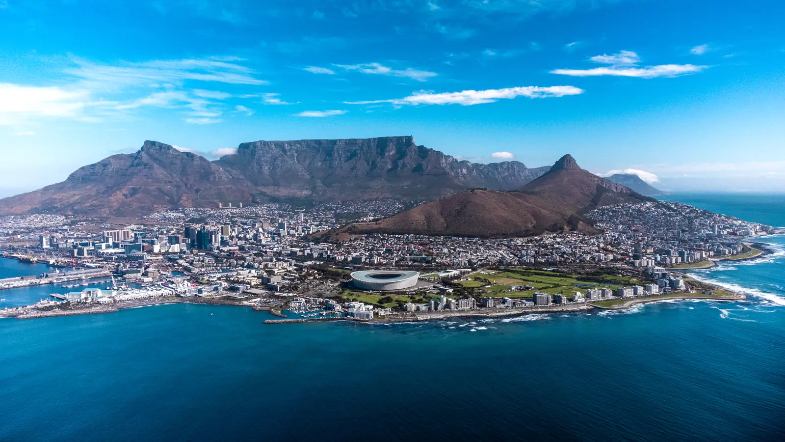 Aerial view of Cape Town, Lion's Head and Table Mountain